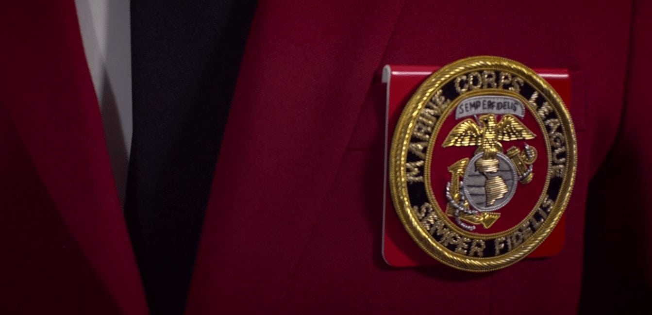 Marine Corps League crest on red blazer 