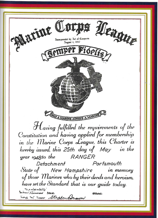 Image of the charter for the Marine Corps League Seacoast, aka Ranger detachment.